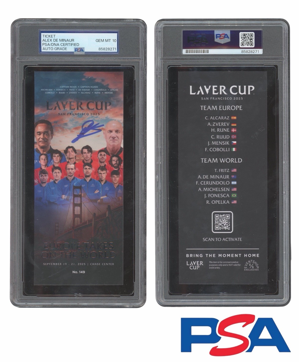 Alex De Minaur Signed 2025 San Francisco Laver Cup Ticket Stub PSA GEM 10 AUTO