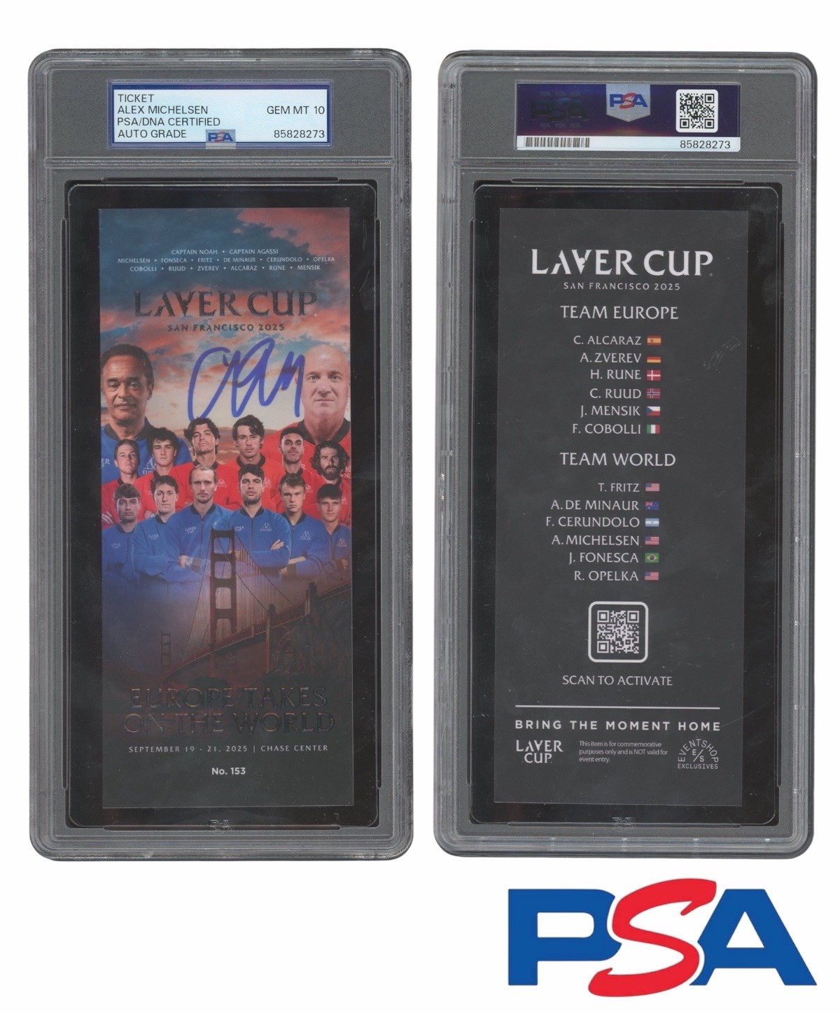 Alex Michelsen Signed 2025 San Francisco Laver Cup Ticket Stub PSA GEM 10 AUTO