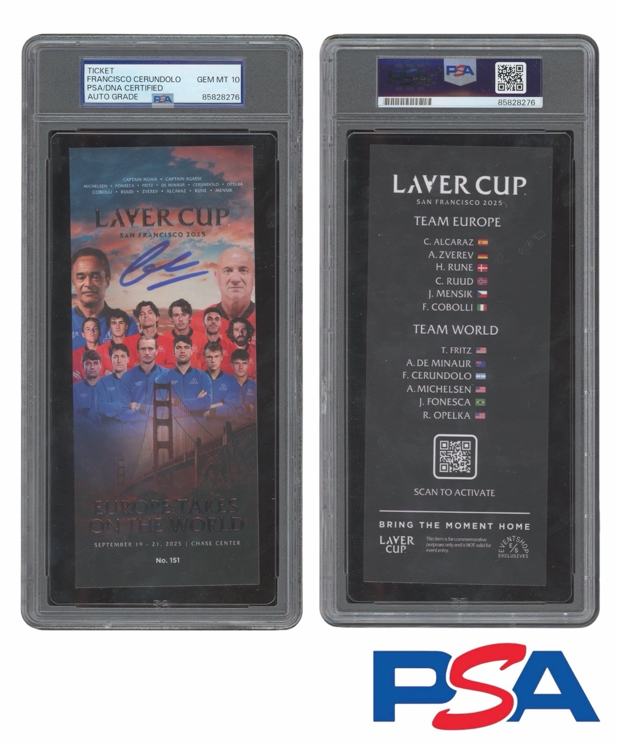 Francisco Cerundolo Signed 2025 Laver Cup Tennis Ticket Stub PSA GEM MT 10 AUTO