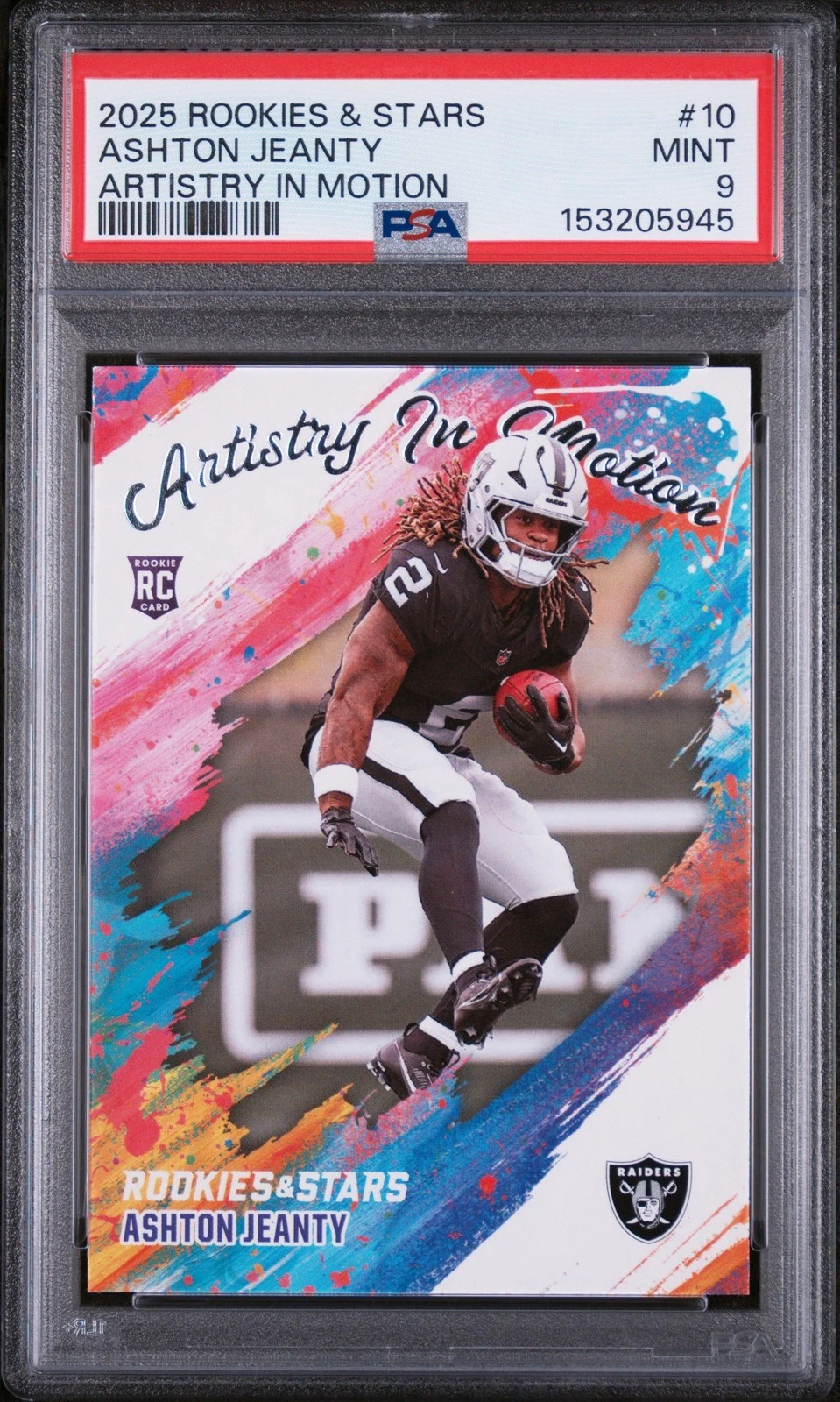 Graded 2025 Panini R&S Ashton Jeanty #10 Artistry in Motion RC Card PSA 9