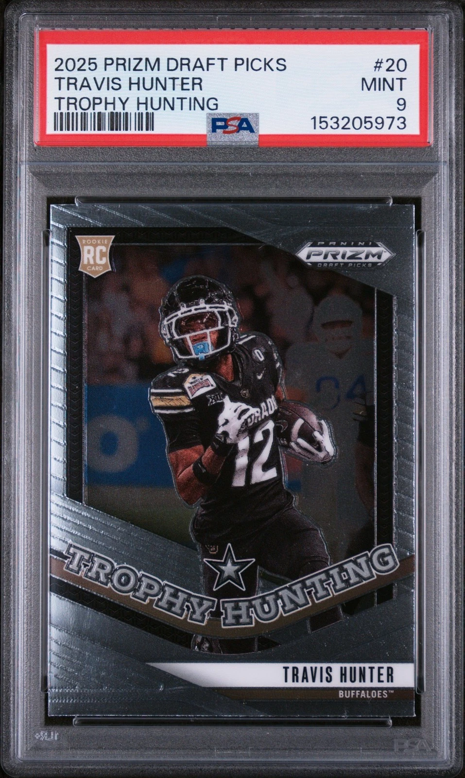 Graded 2025 Panini Prizm DP Travis Hunter #20 Trophy Hunting RC Card PSA 9