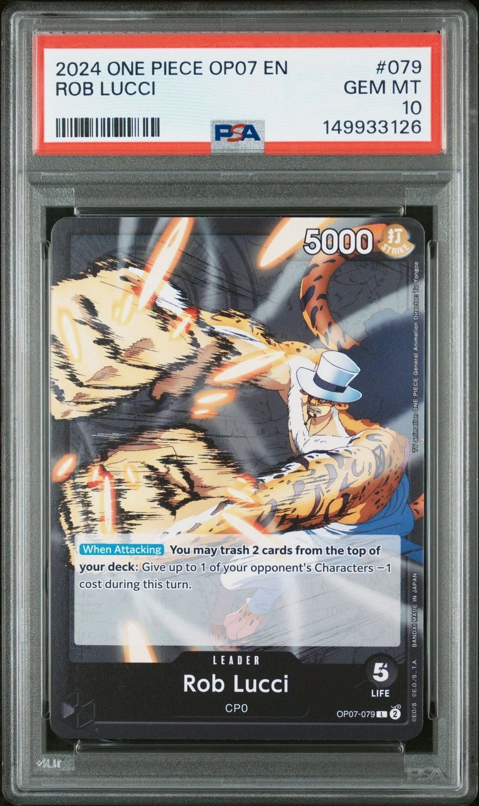 Graded 2024 One Piece Rob Lucci 079 OP07 Trading Card Game PSA 10 Gem Mint