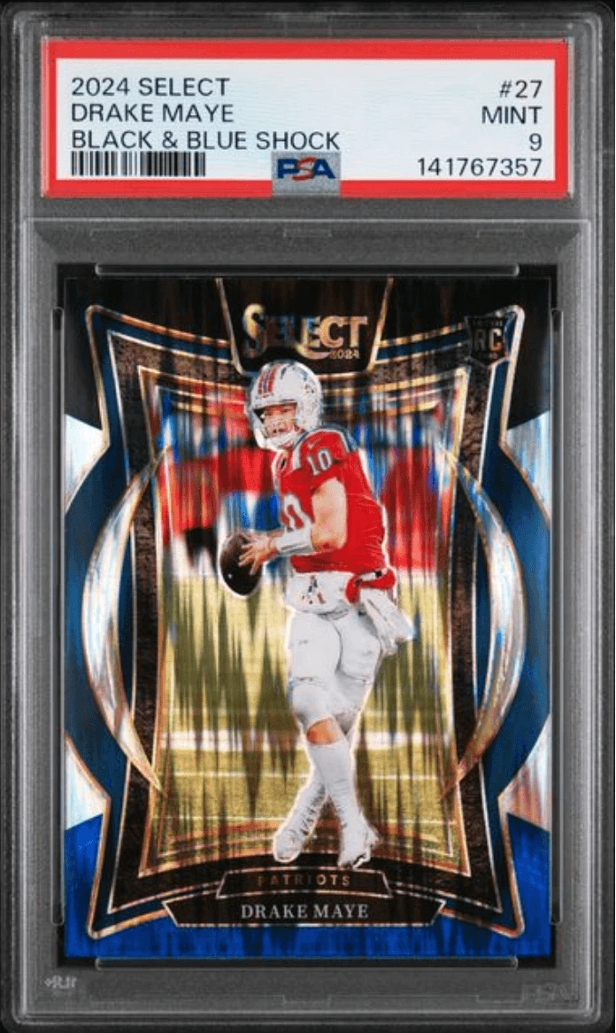 Graded 2024 Select Drake Maye #27 Black & Blue Shock RC Football Card PSA 9