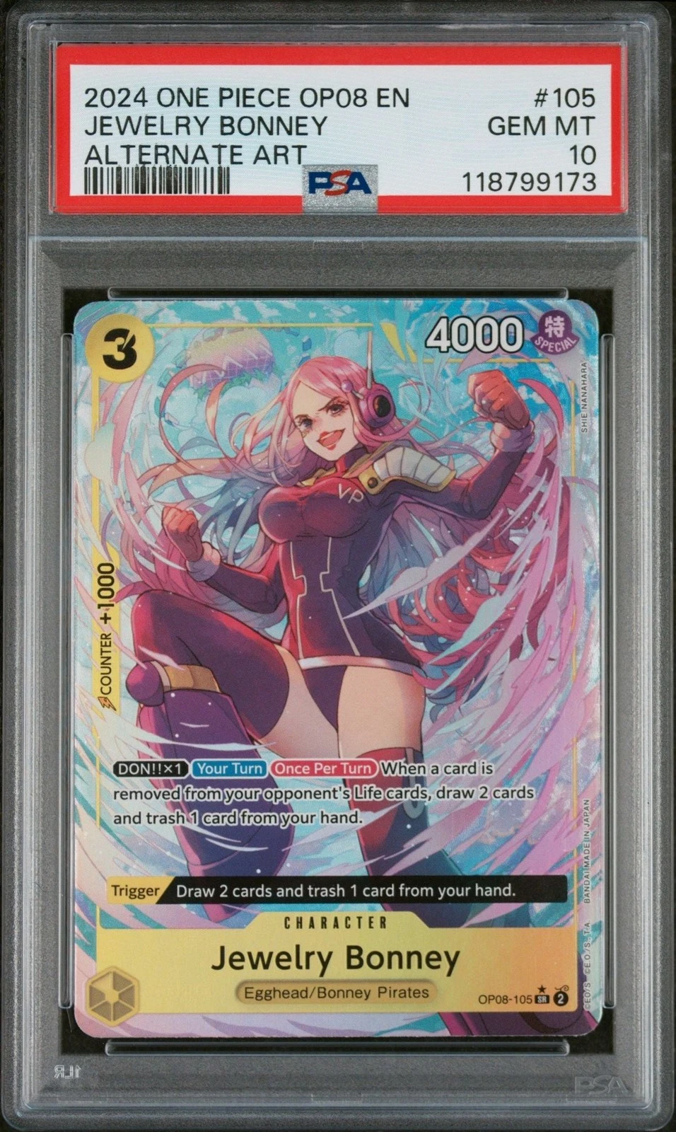 Graded 2024 One Piece Jewelry Bonney 105 Trading Card PSA 10 Gem Mint