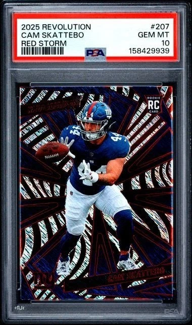 Graded 2025 Panini Revolution Cam Skattebo #207 Red Storm RC PSA 10