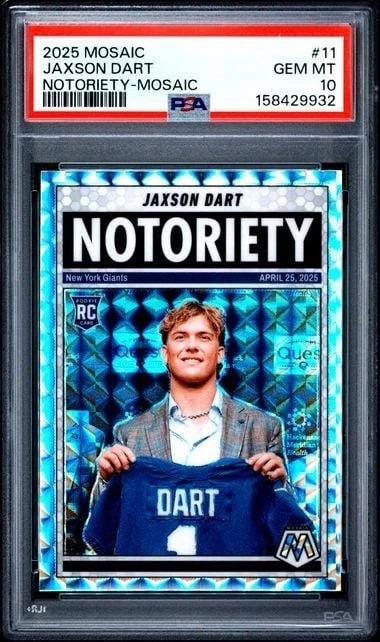 Graded 2025 Panini Mosaic Jaxson Dart #11 Notoriety Mosaic RC PSA 10