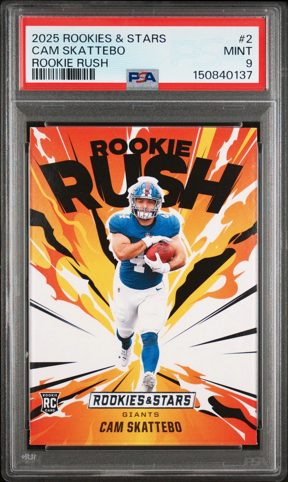 Graded 2025 Panini R&S Cam Skattebo #2 Rookie Rush RC Football Card PSA 9