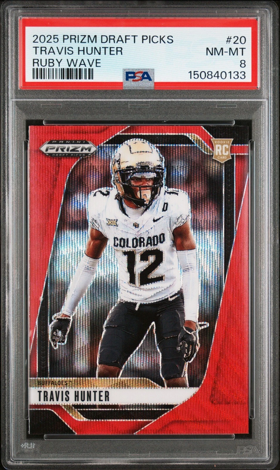 Graded 2025 Prizm DP Travis Hunter #20 Ruby Wave RC Football Card PSA 8