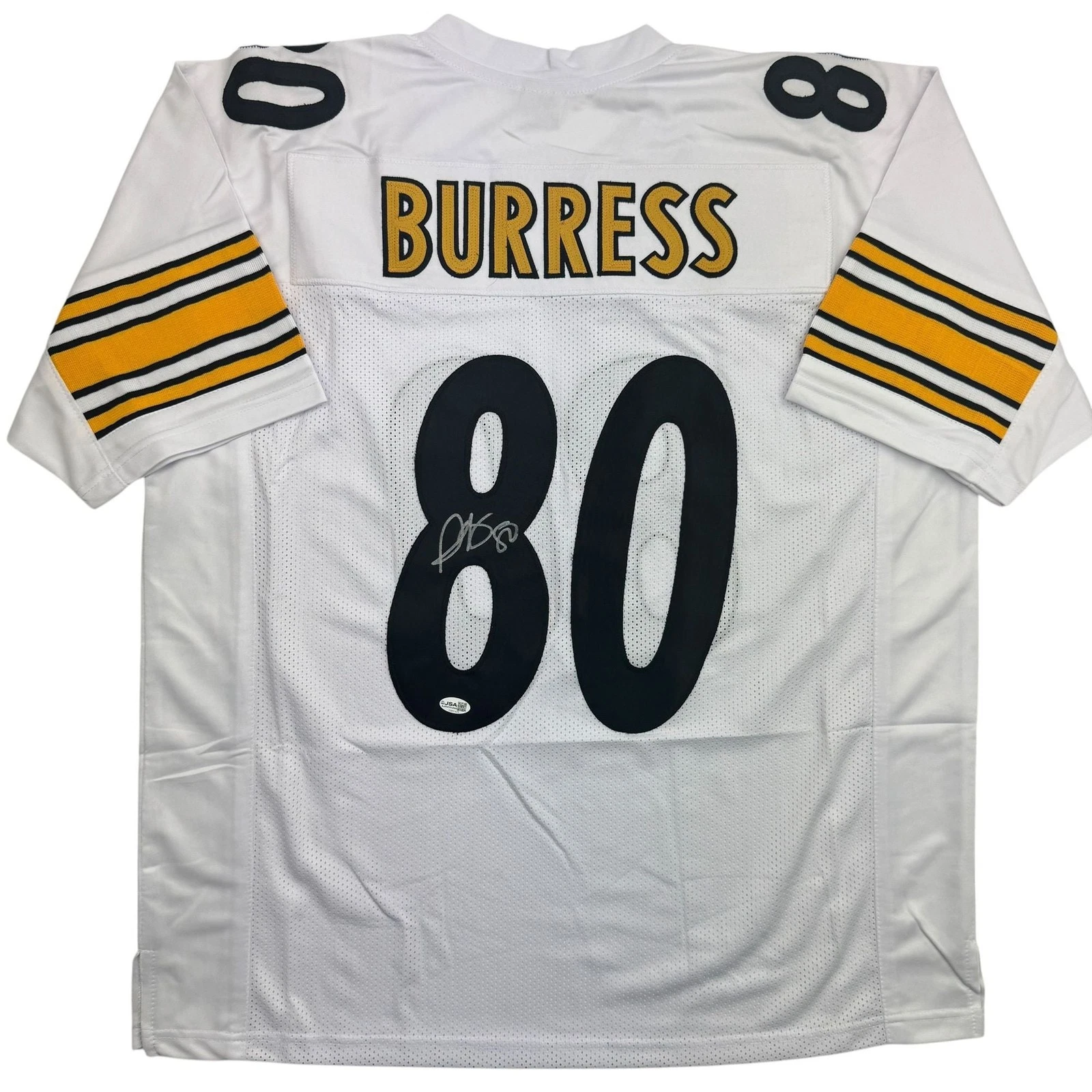 Autographed/Signed Plaxico Burress Pittsburgh White Football Jersey JSA COA