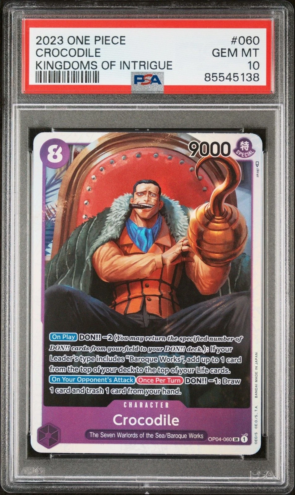 Graded 2023 One Piece Crocodile 060 OP04 Trading Card Game PSA 10 Gem Mint
