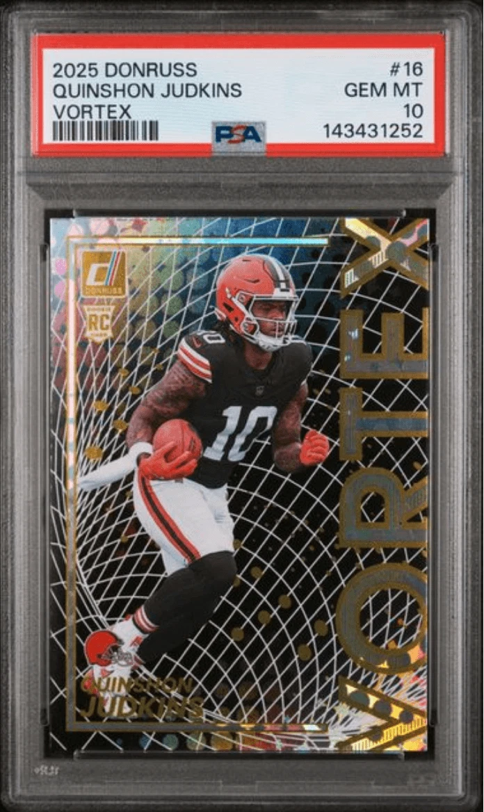 Graded 2025 Donruss Quinshon Judkins #16 Vortex Rookie Football Card PSA 10