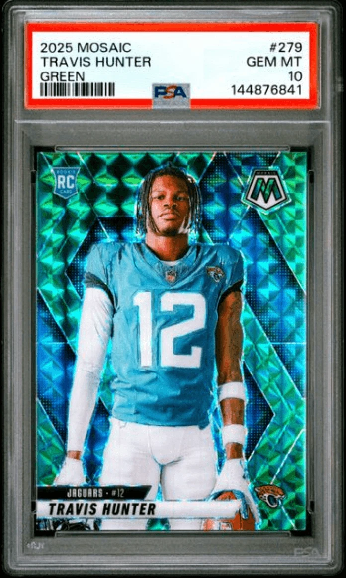 Graded 2025 Panini Mosaic Travis Hunter #279 Green RC Football Card PSA 10
