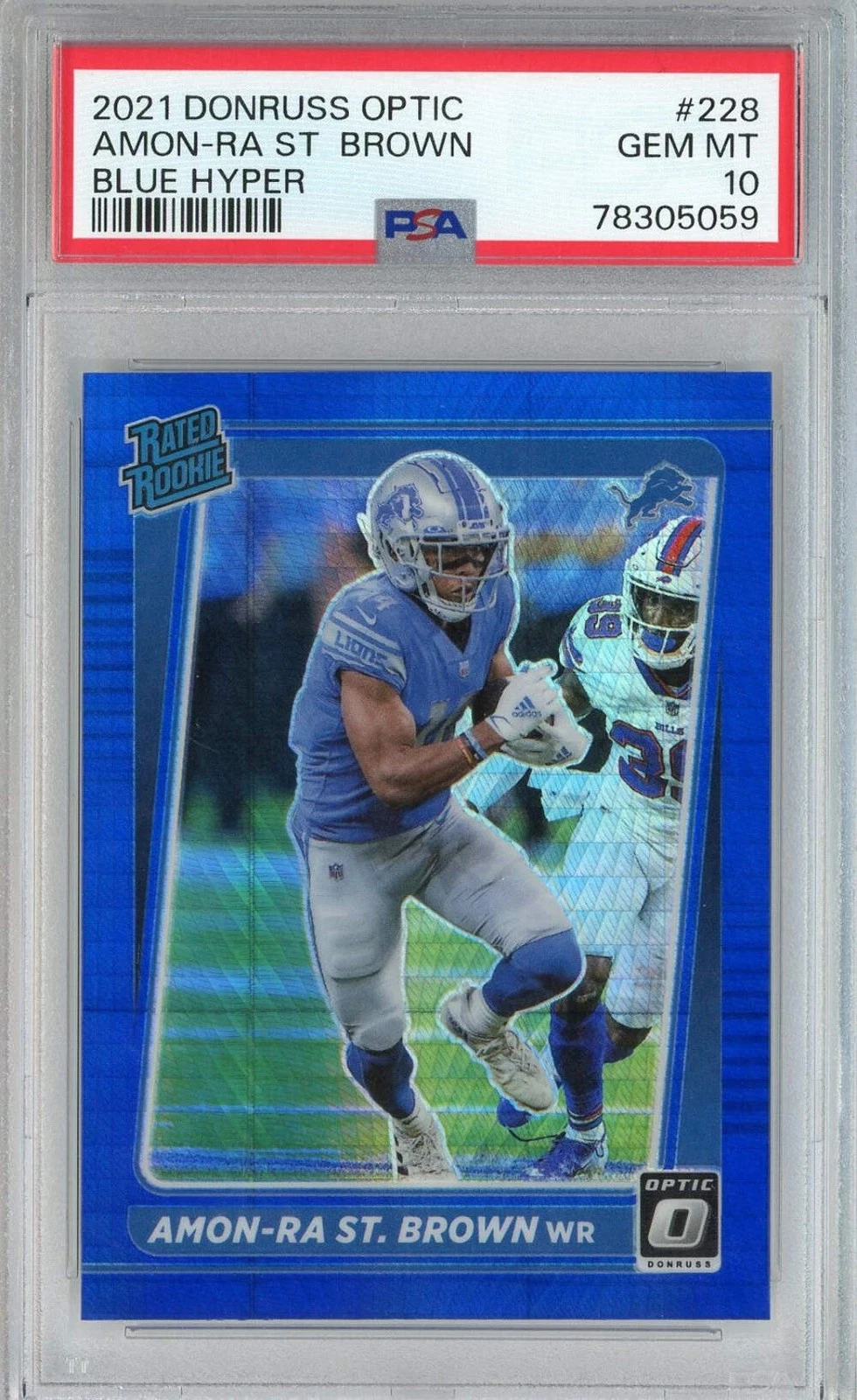 Graded 2021 Donruss Optic Amon-Ra St. Brown #228 Blue Hyper Football Card PSA 10