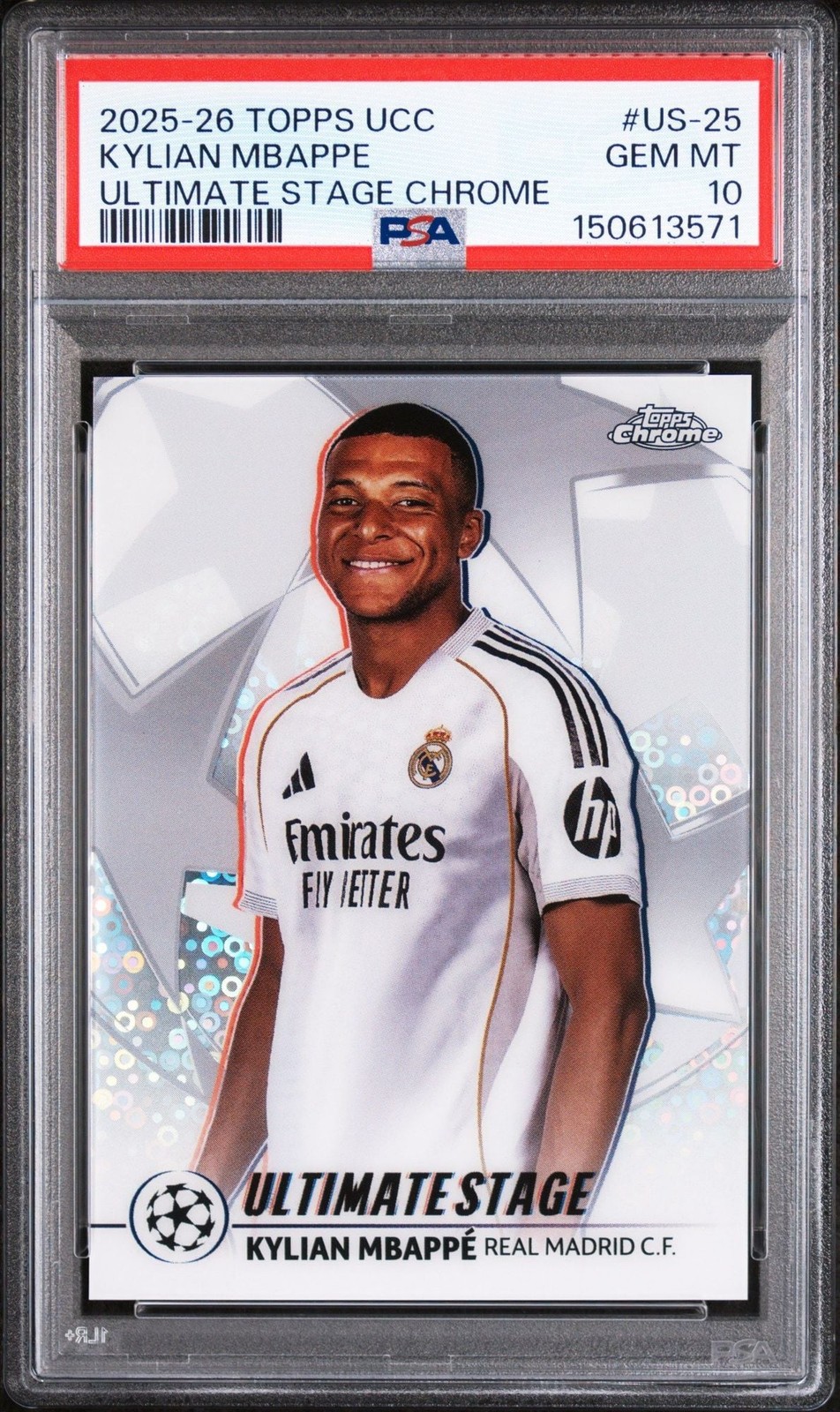 Graded 2025 Topps UCC Kylian Mbappe #US25 Ultimate Stage Chrome Card PSA 10
