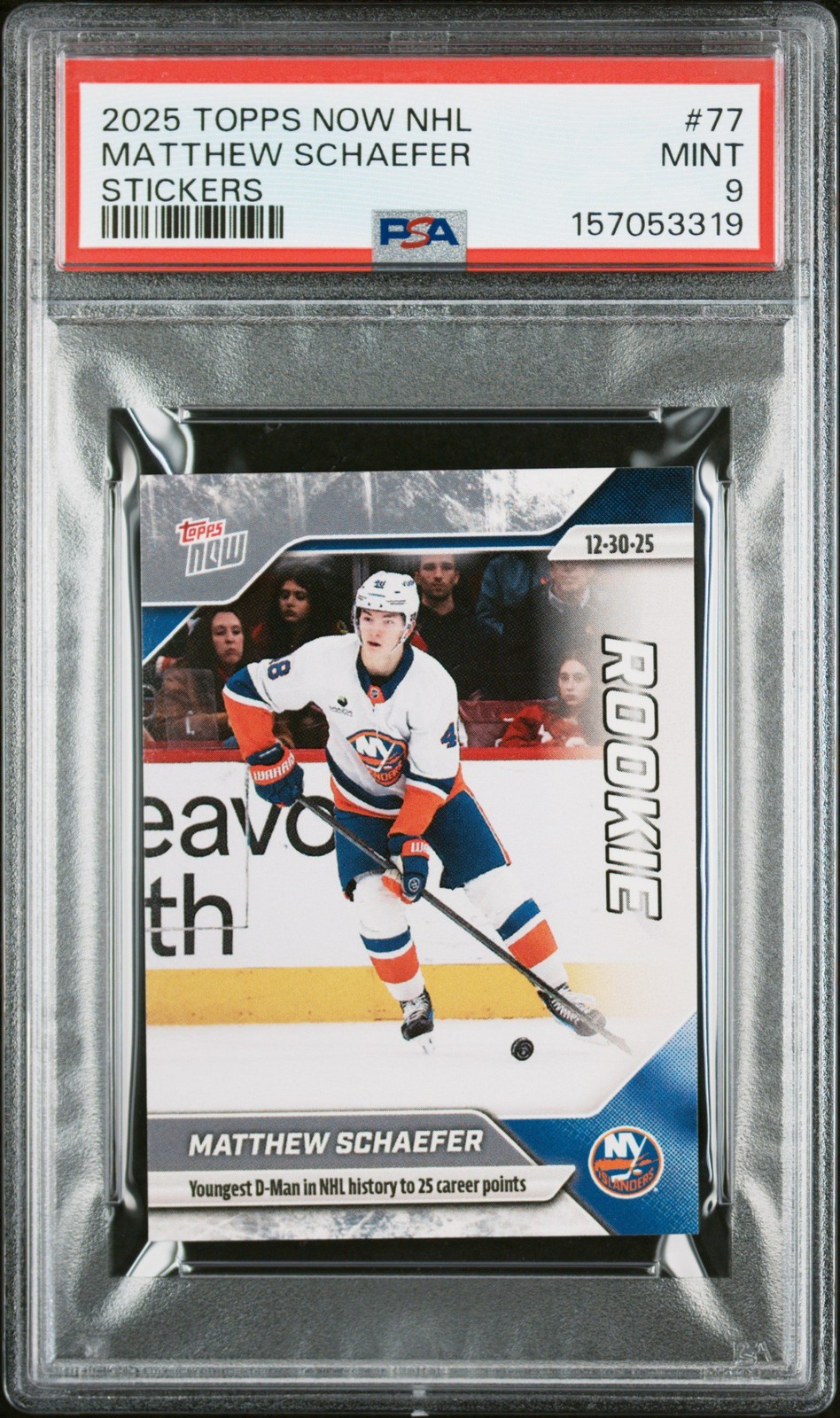 Graded 2025 Topps Now Matthew Schaefer #77 Rookie RC Card PSA 9