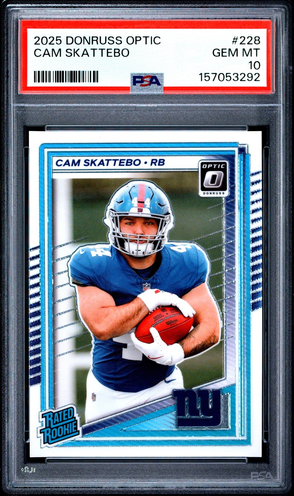 Graded 2025 Panini Donruss Optic Cam Skattebo #228 Rookie RC Card PSA 10