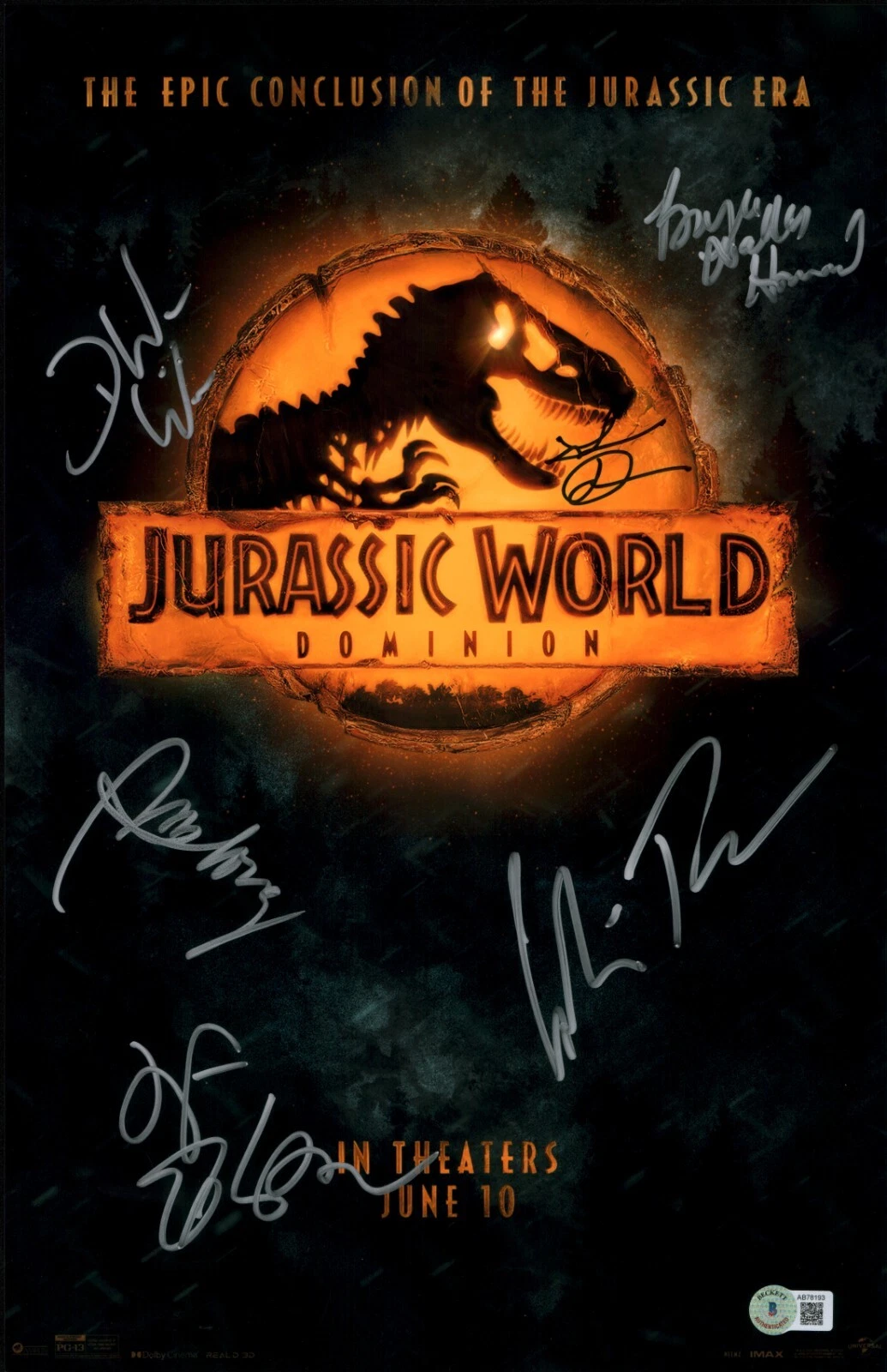 JURASSIC WORLD DOMINION CAST SIGNED MINI POSTER BECKETT FULL LOA SIGNED BY 6 COLLECTIBLE MEMORABILIA