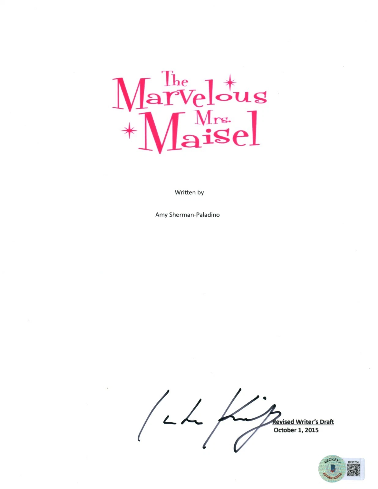 Luke Kirby Signed Marvelous Mrs.Maisel Full Pilot Script Beckett COA Lenny Bruce