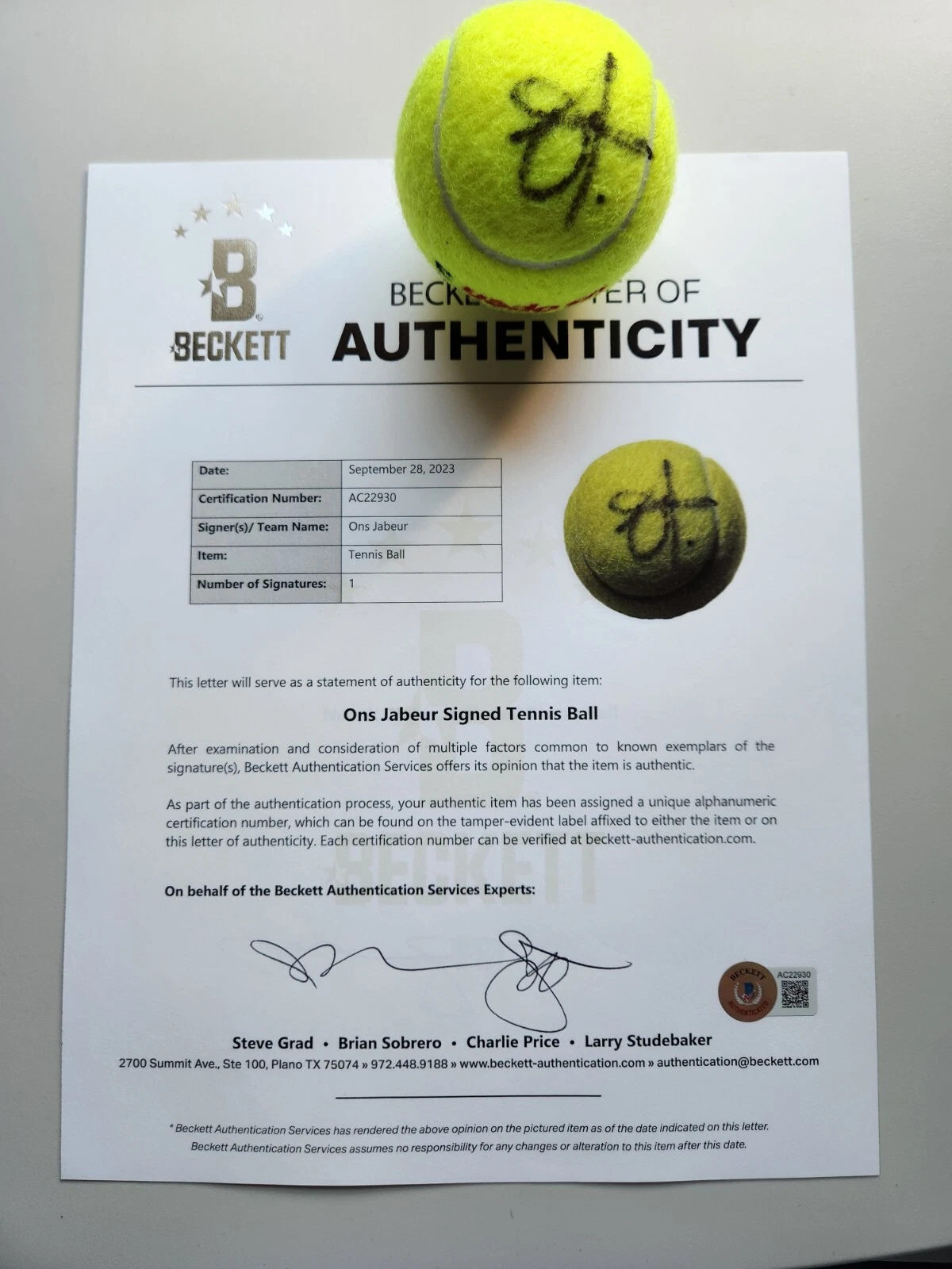 Ons Jabeur SIGNED Tennis Ball Us Open Champ Wimbledon French Beckett COA BAS WTA