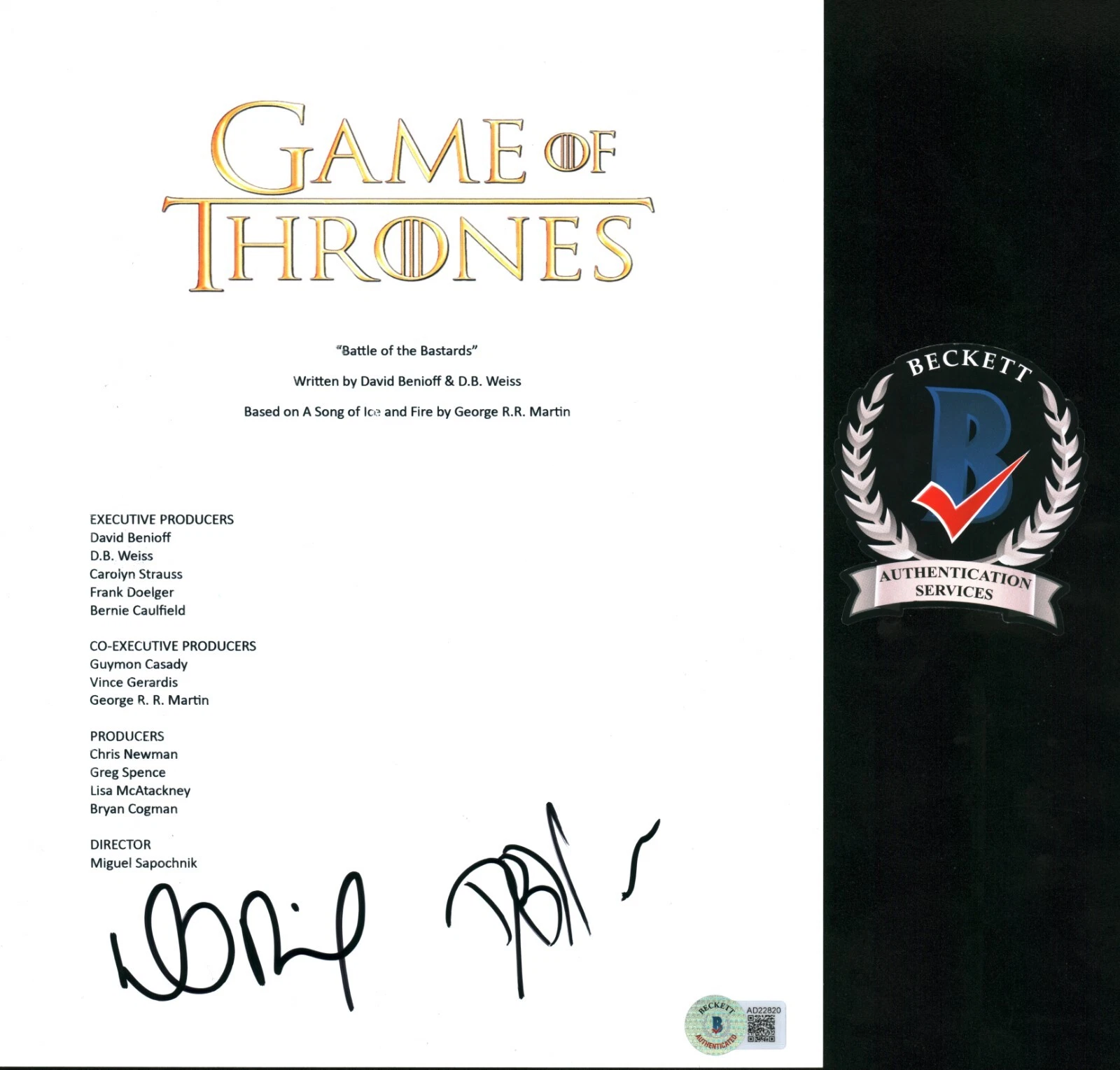 David Benoiff D.B. Weiss SIGNED GAME OF THRONES FULL EPISODE SCRIPT BECKETT COA
