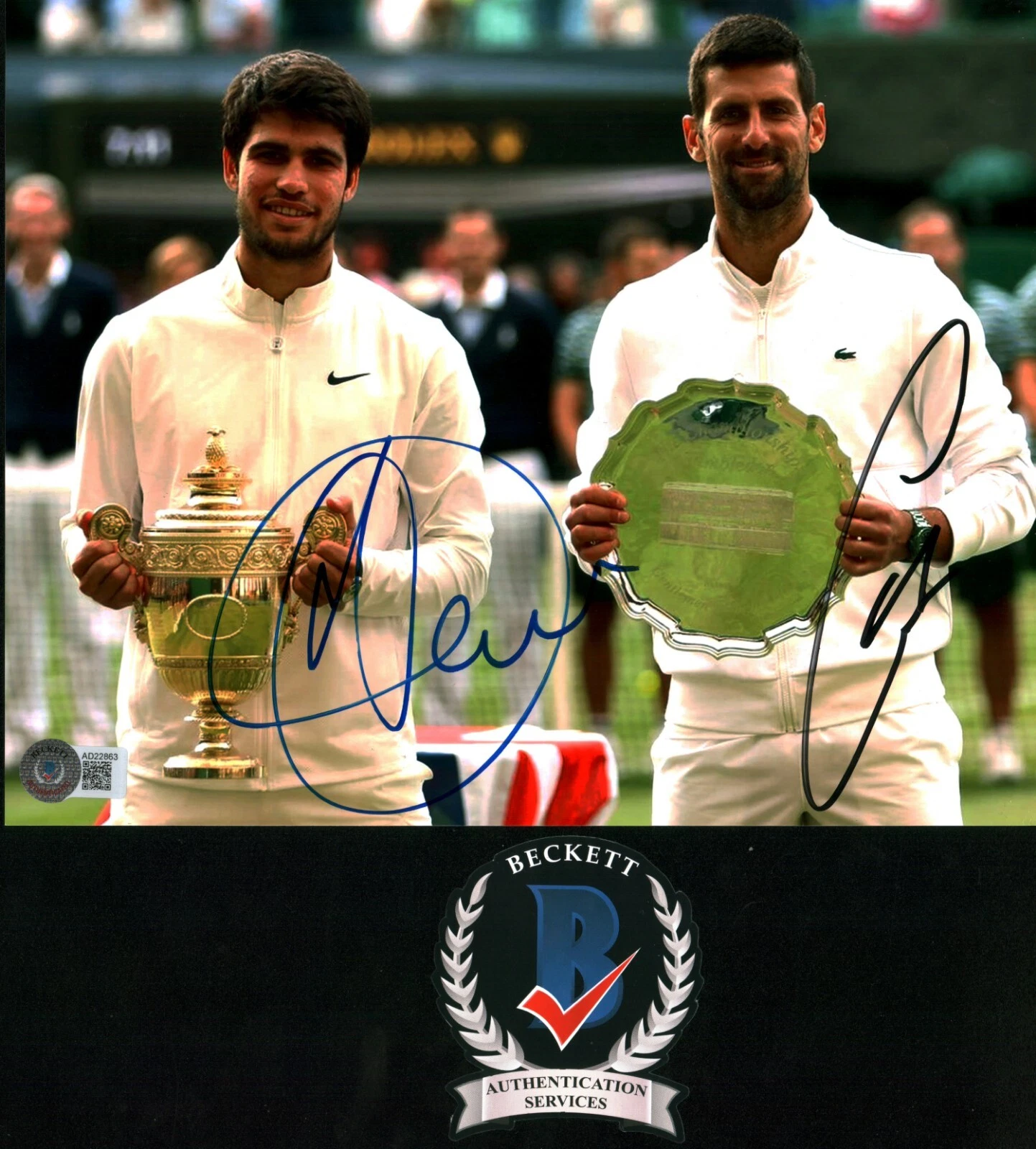 NOVAK DJOKOVIC CARLOS ALCARAZ SIGNED 8X10 US OPEN WIMBLEDON BECKETT BAS COA