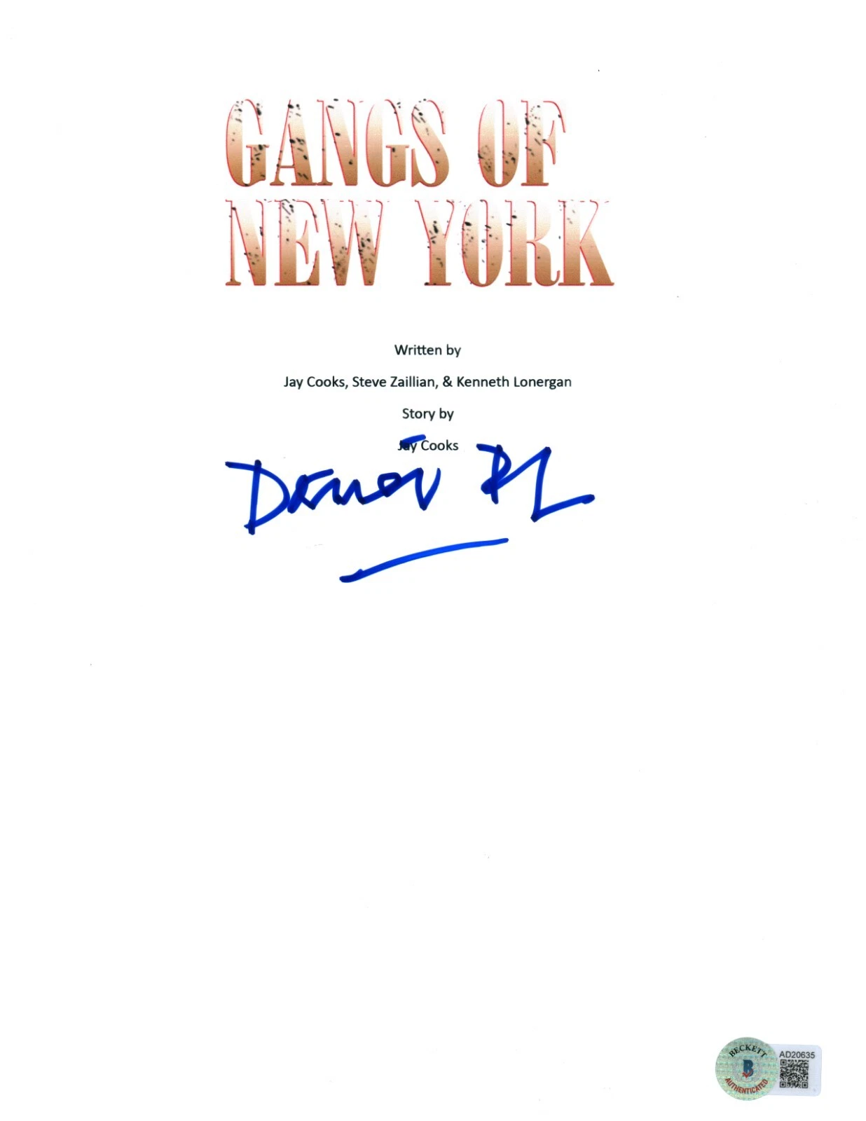 DANIEL DAY LEWIS SIGNED GANGS OF NEW YORK FULL MOVIE SCRIPT BECKETT LOA COA RARE COLLECTIBLE MEMORABILIA