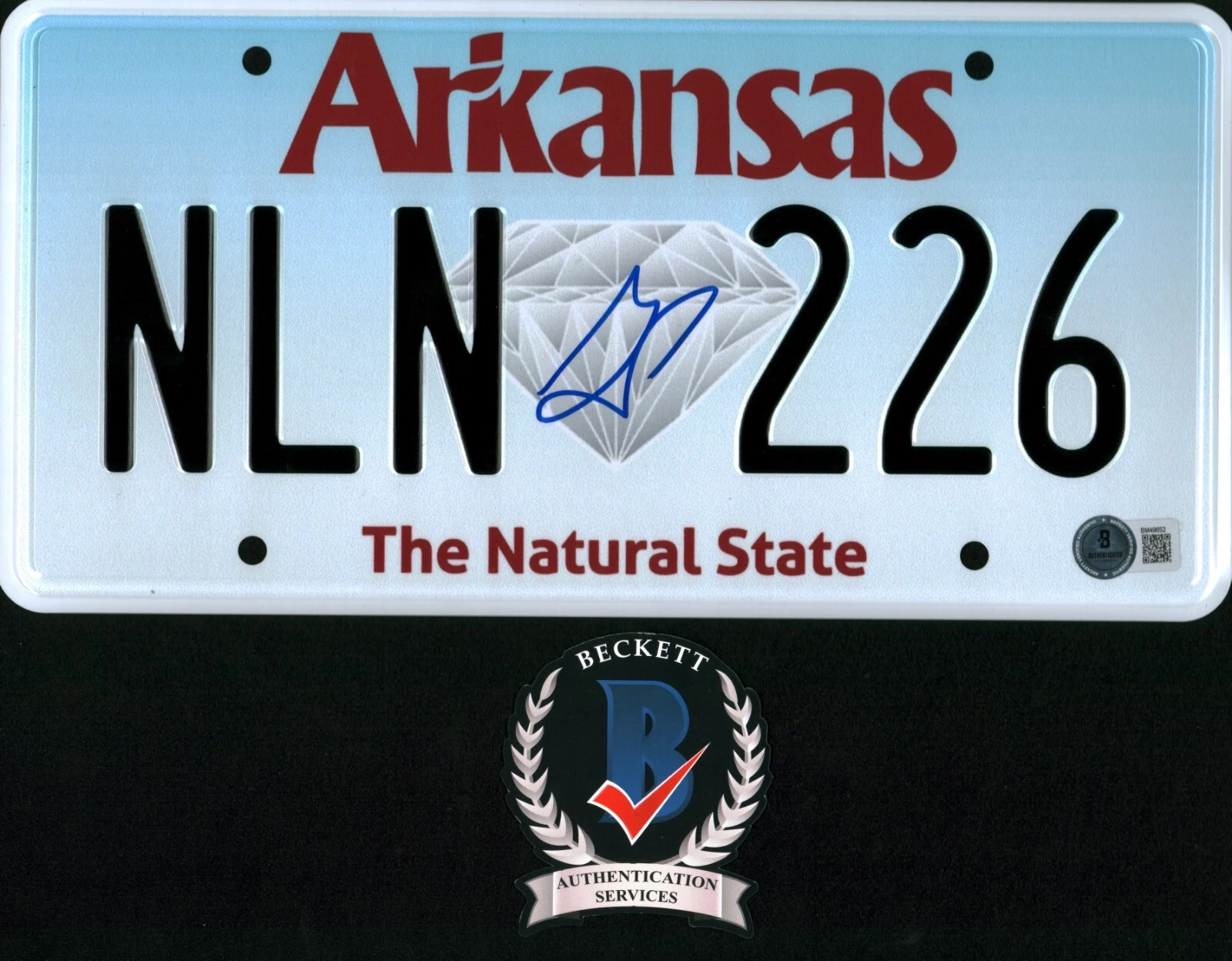 GLENN POWELL SIGNED TWISTERS TYLER OWENS ARKANSAS LICENSE PLATE BECKETT BAS COA