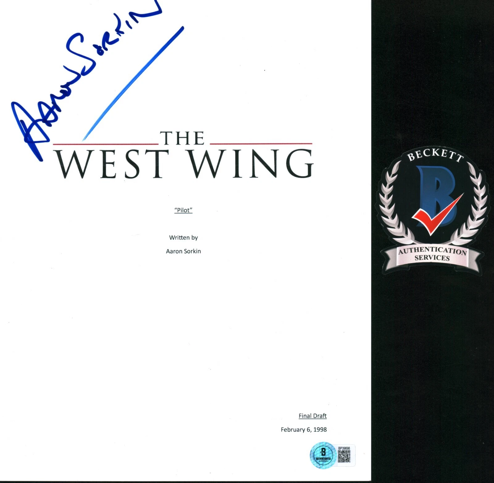 AARON SORKIN SIGNED WEST WING PILOT TV SCRIPT LEGENDARY WRITER BECKETT BAS COA
