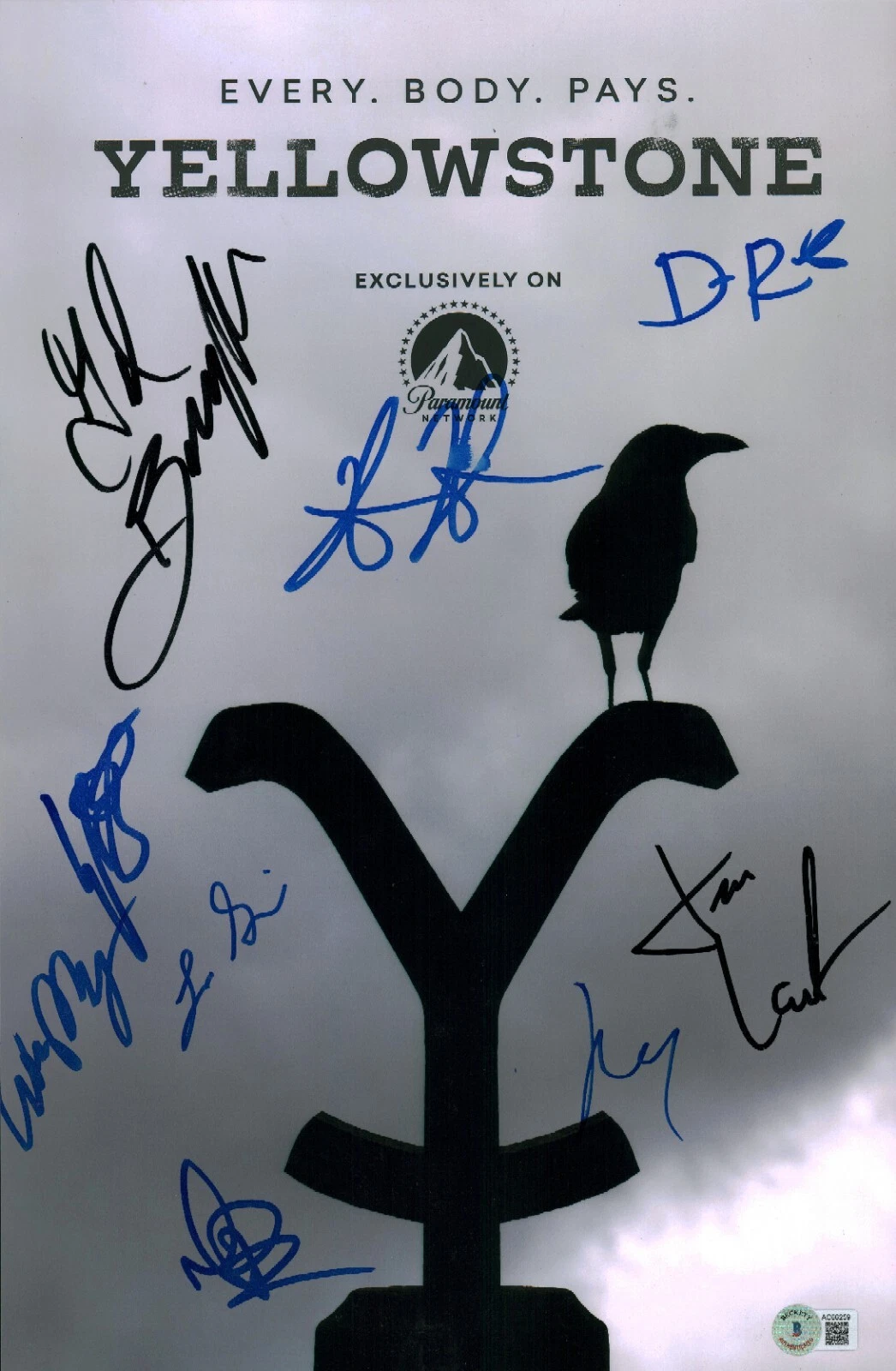 YELLOWSTONE SIGNED CAST PHOTO 11X17 GRIMES, BENTLEY, ASBILLE,+6 BECKETT COA LOA
