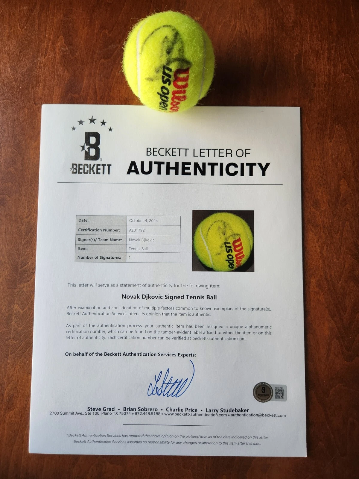 NOVAK DJOKOVIC SIGNED TENNIS BALL US OPEN WIMBLEDON AUSTRALIAN FRENCH COA BAS
