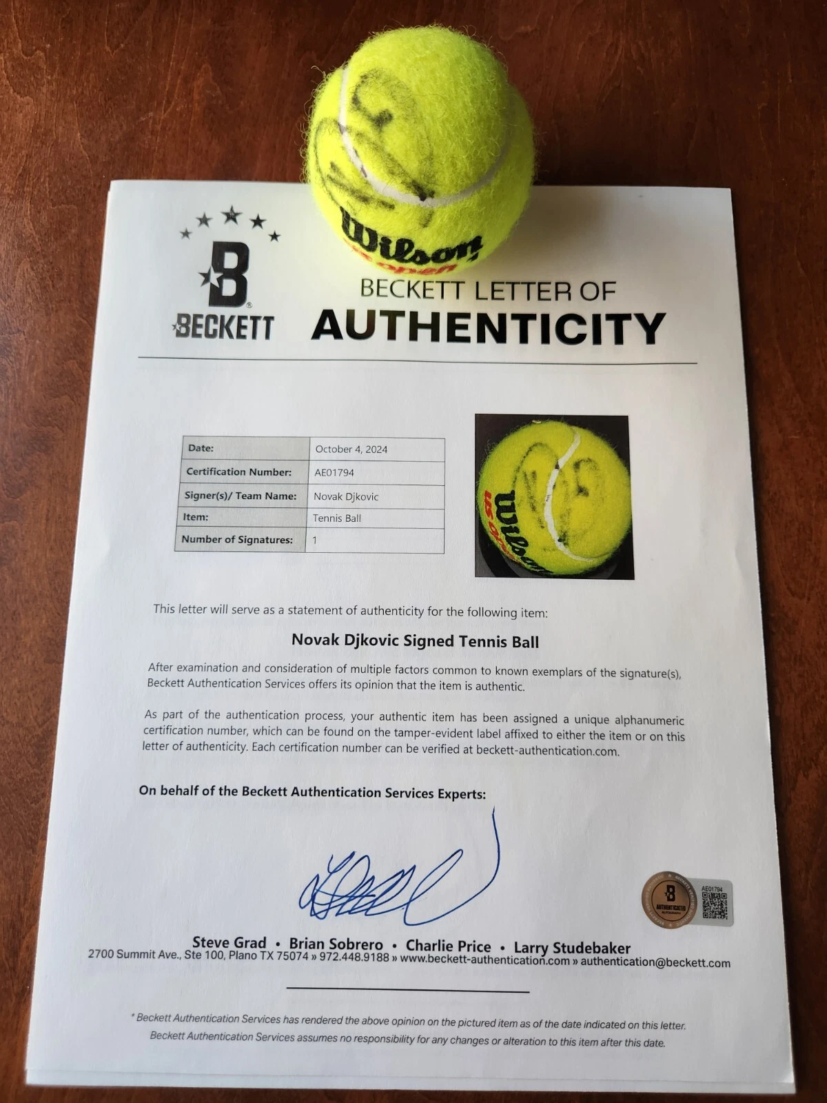 NOVAK DJOKOVIC SIGNED TENNIS BALL US OPEN WIMBLEDON AUSTRALIAN FRENCH COA BAS
