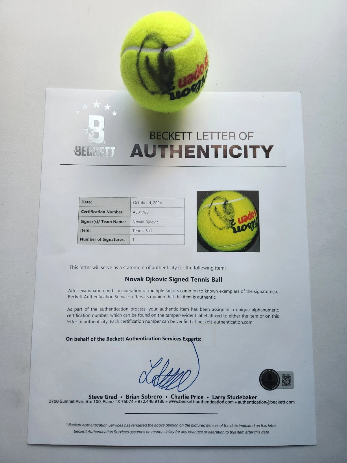 NOVAK DJOKOVIC SIGNED TENNIS BALL US OPEN WIMBLEDON AUSTRALIAN FRENCH COA BAS