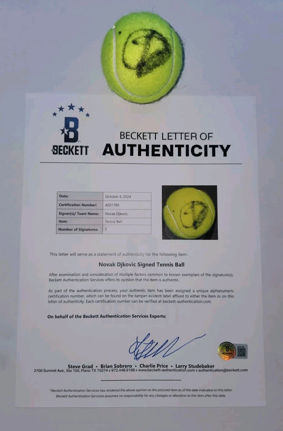 NOVAK DJOKOVIC SIGNED TENNIS BALL US OPEN WIMBLEDON AUSTRALIAN FRENCH COA BAS