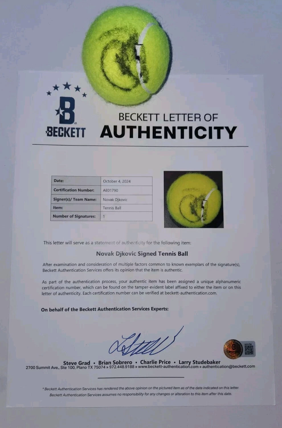 NOVAK DJOKOVIC SIGNED TENNIS BALL US OPEN WIMBLEDON AUSTRALIAN FRENCH COA BAS