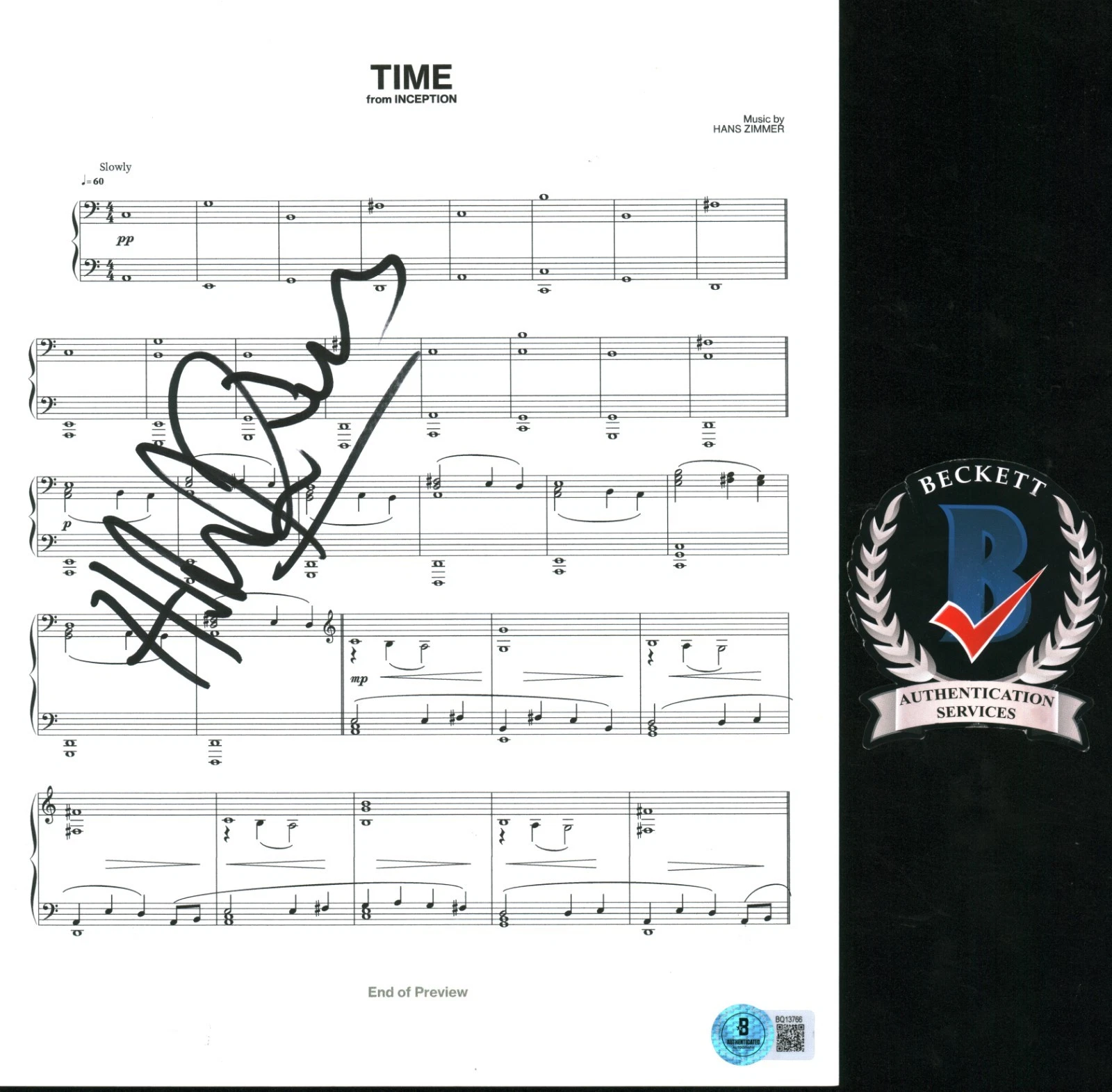 Hans Zimmer Signed Autograph Time Sheet Music Famous Composer Inception BAS COA