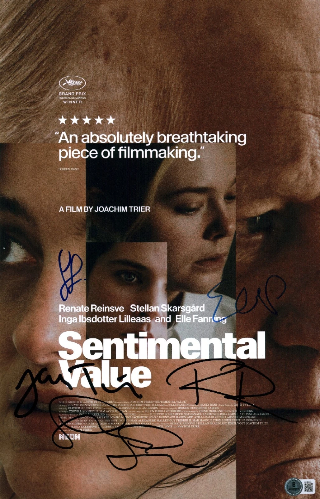 SENTIMENTAL VALUE SIGNED CAST FANNING SKARSGARD REINSVE +2 11×17 PHOTO BAS COA COLLECTIBLE MEMORABILIA
