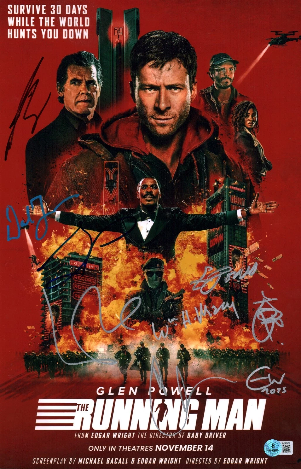 THE RUNNING MAN CAST SIGNED 11×17 PHOTO MOVIE POSTER POWELL, BROLIN+7 BAS COA COLLECTIBLE MEMORABILIA