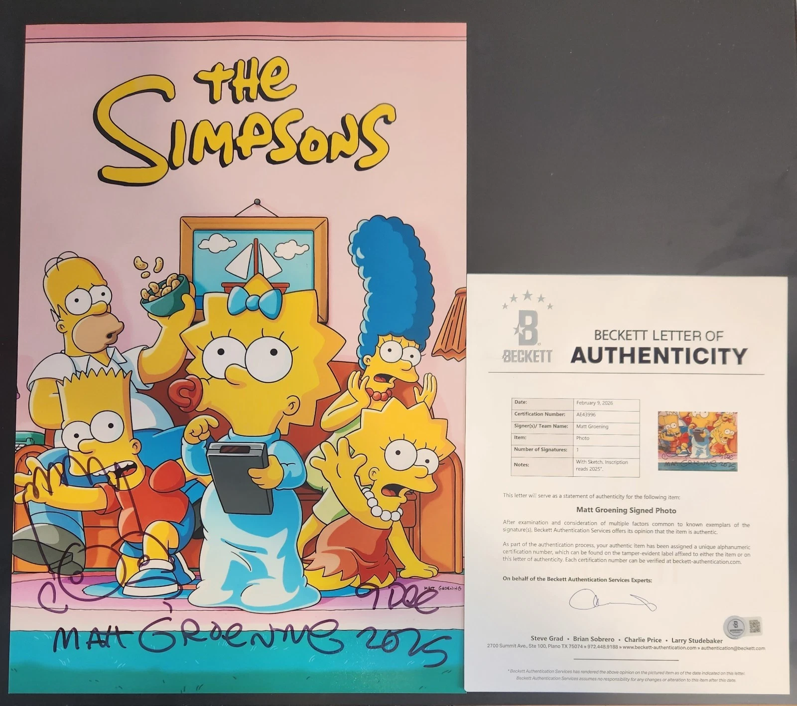 MATT GROENING SIGNED 12X18 THE SIMPSONS PHOTO HOMER BART SKETCH CREATOR BAS