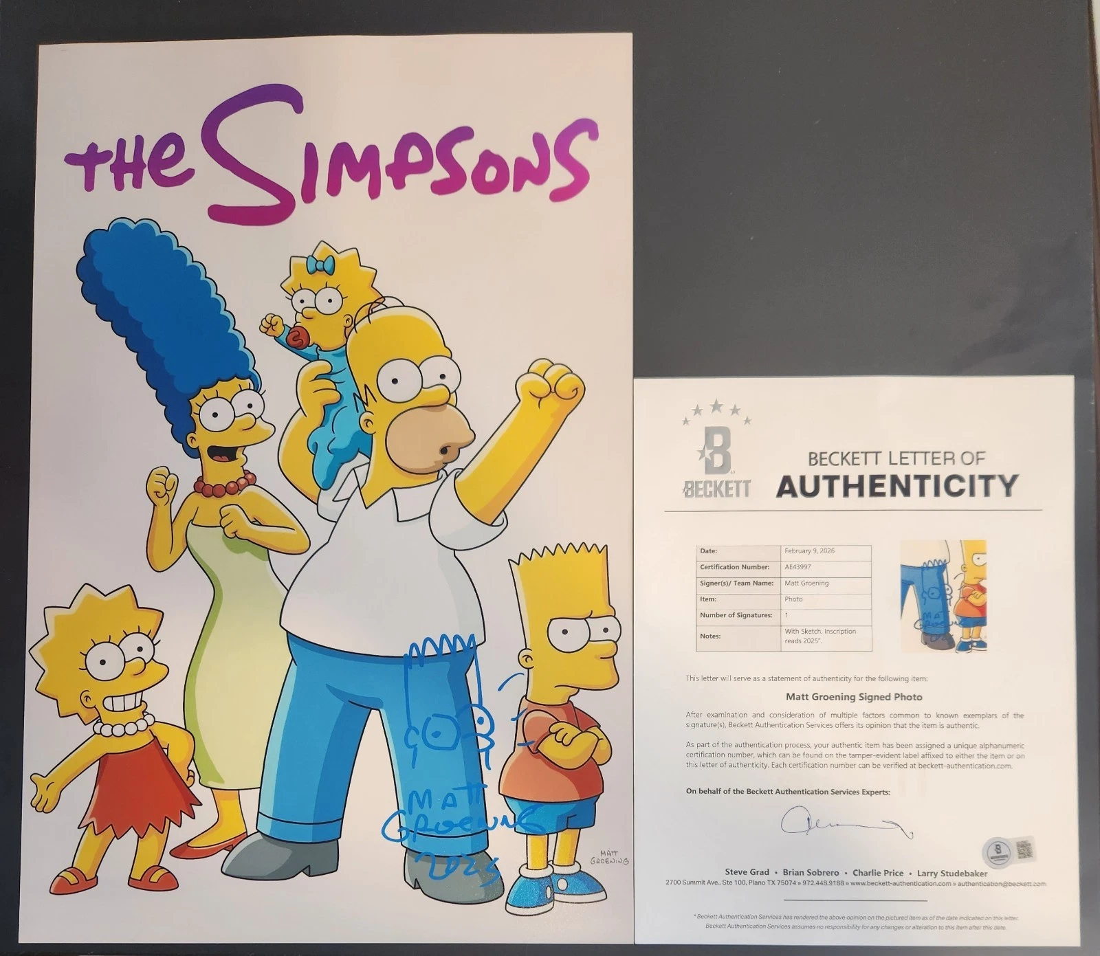 MATT GROENING SIGNED 12X18 THE SIMPSONS PHOTO HOMER BART SKETCH CREATOR BAS