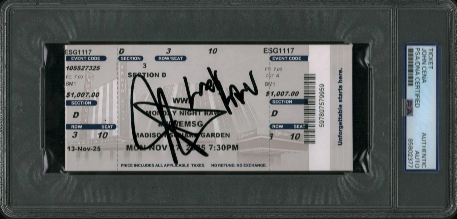 John Cena Signed Ticket Stub Last Raw NYC Final Raw PSA SLAB W/inscription