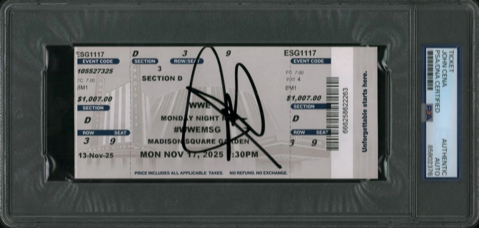John Cena Signed Ticket Stub Last Raw NYC Final Raw Autographed PSA/DNA SLAB