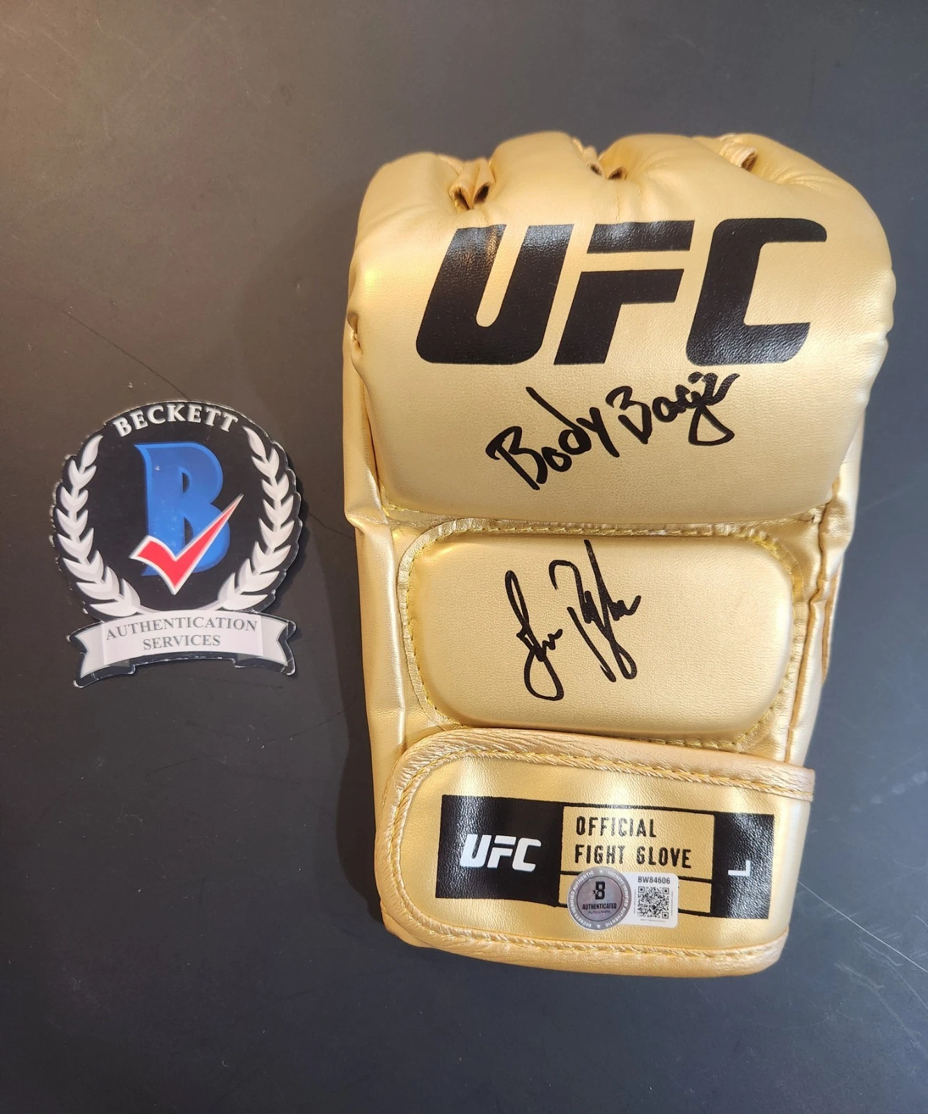 Joe Pyfer Signed UFC Gold Glove Inscribed Bodybagz BAS COA Authenticated