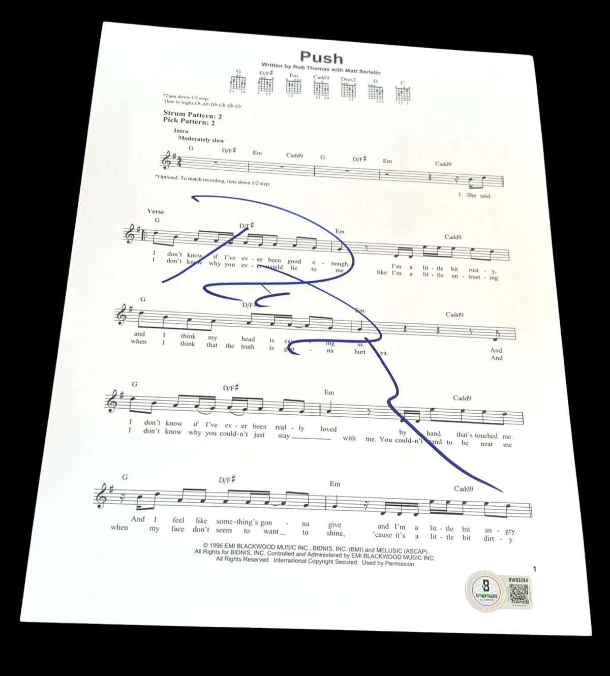 ROB THOMAS SIGNED AUTOGRAPH SHEET MUSIC PUSH MATCHBOX TWENTY BECKETT BAS D