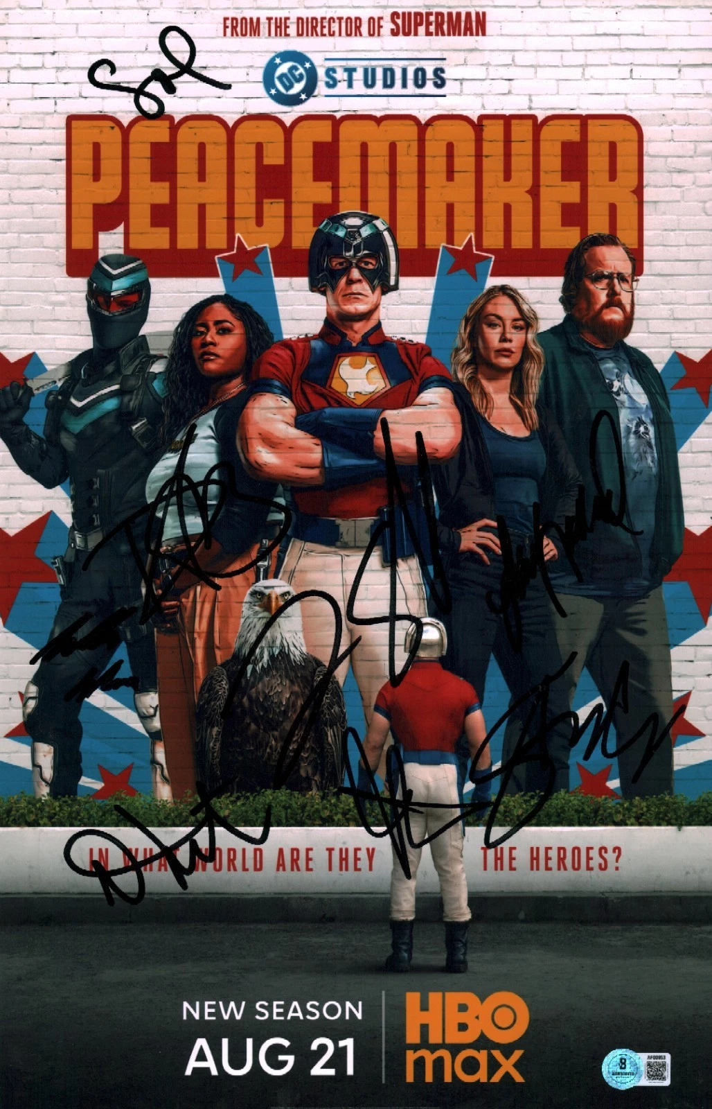 John Cena Peacemaker Signed Autographed Cast Photo Signed By 8 Beckett BAS COA