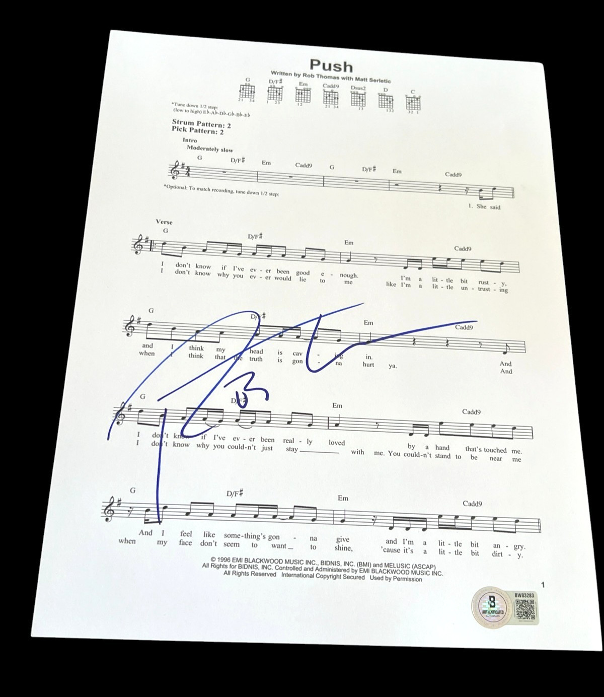 ROB THOMAS SIGNED AUTOGRAPH SHEET MUSIC PUSH MATCHBOX TWENTY BECKETT BAS E