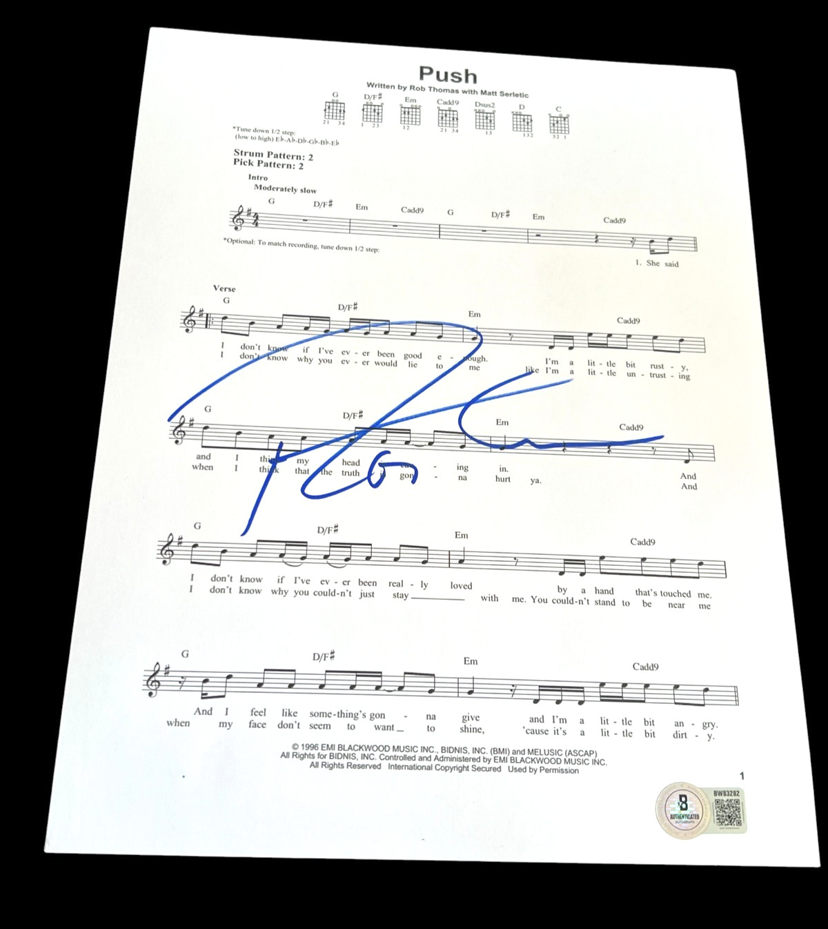 ROB THOMAS SIGNED AUTOGRAPH SHEET MUSIC PUSH MATCHBOX TWENTY BECKETT BAS E