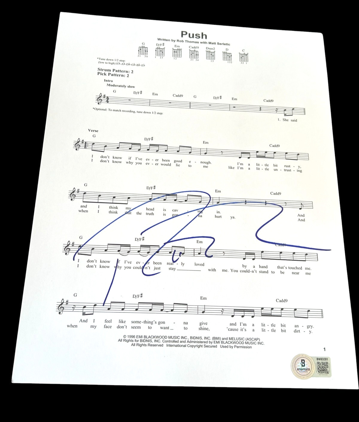 ROB THOMAS SIGNED AUTOGRAPH SHEET MUSIC PUSH MATCHBOX TWENTY BECKETT BAS E