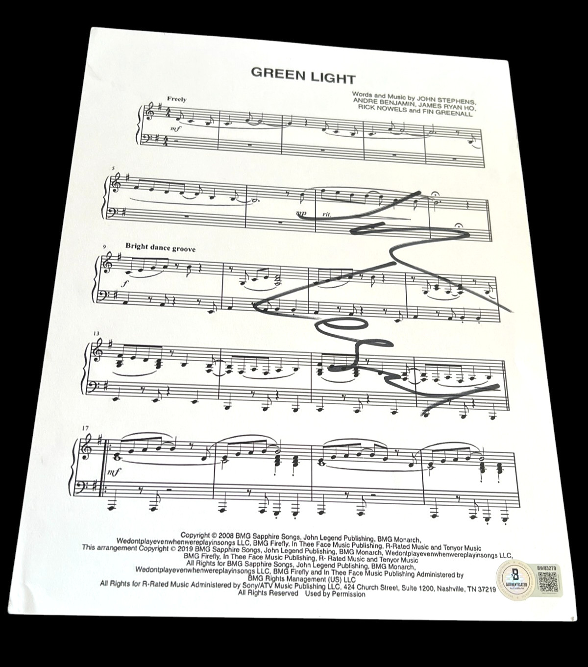 JOHN LEGEND SIGNED AUTOGRAPH SHEET MUSIC GREEN LIGHT ALL OF ME BECKETT BAS D