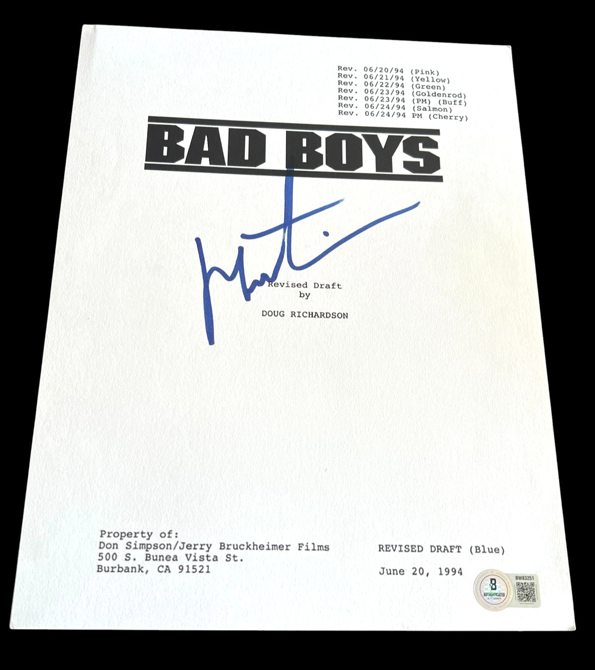 MARTIN LAWRENCE SIGNED AUTOGRAPH MOVIE SCRIPT BAD BOYS WILL SMITH BECKETT BAS D