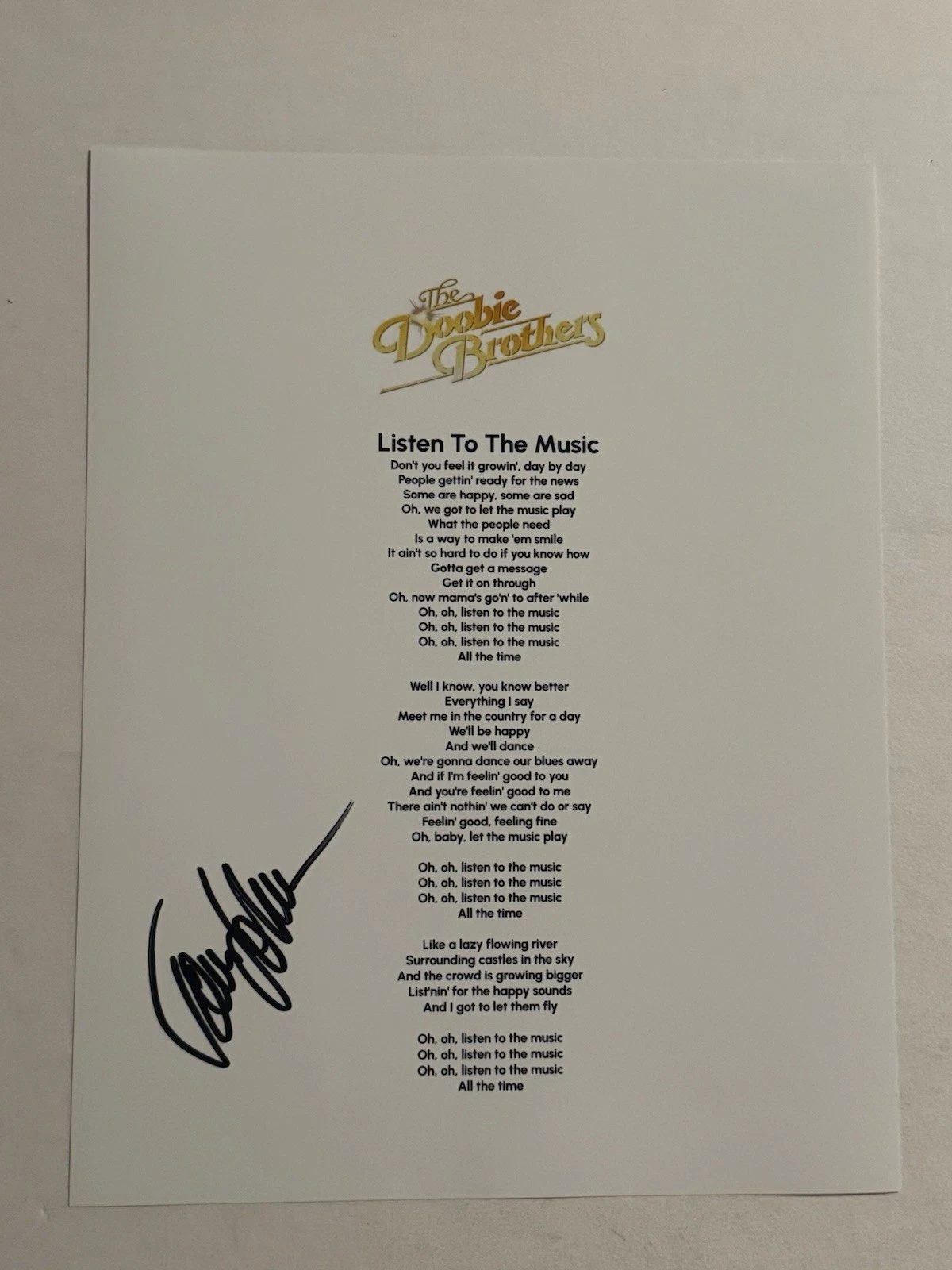 TOM JOHNSTON SIGNED LYRIC SHEET AUTOGRAPHED DOOBIE BROTHERS BAND LEAD SINGER COA
